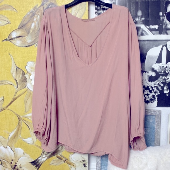 Oversized Balloon Long Sleeve Oversized Top Italy Blush Pink Viscose V-neck Boho - Picture 2 of 11
